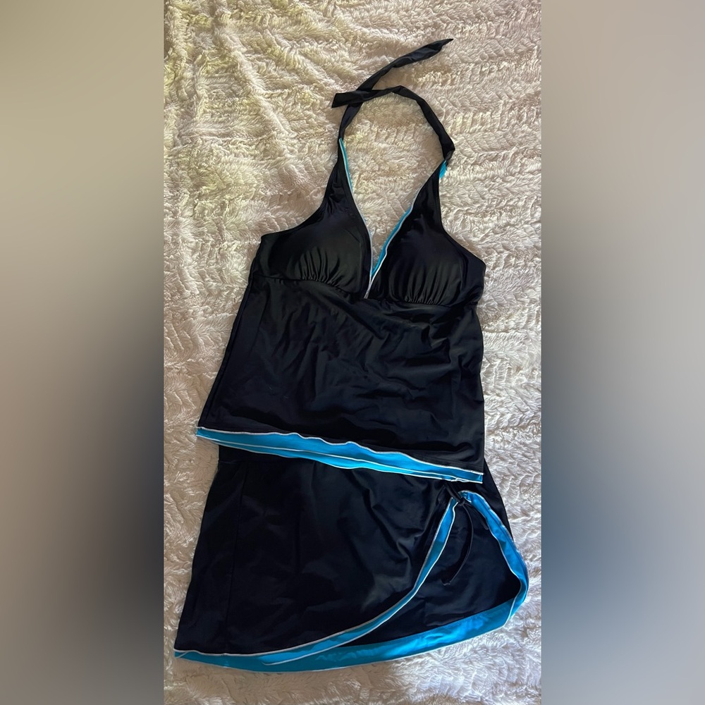 Black and Blue Tankini with Halter Top